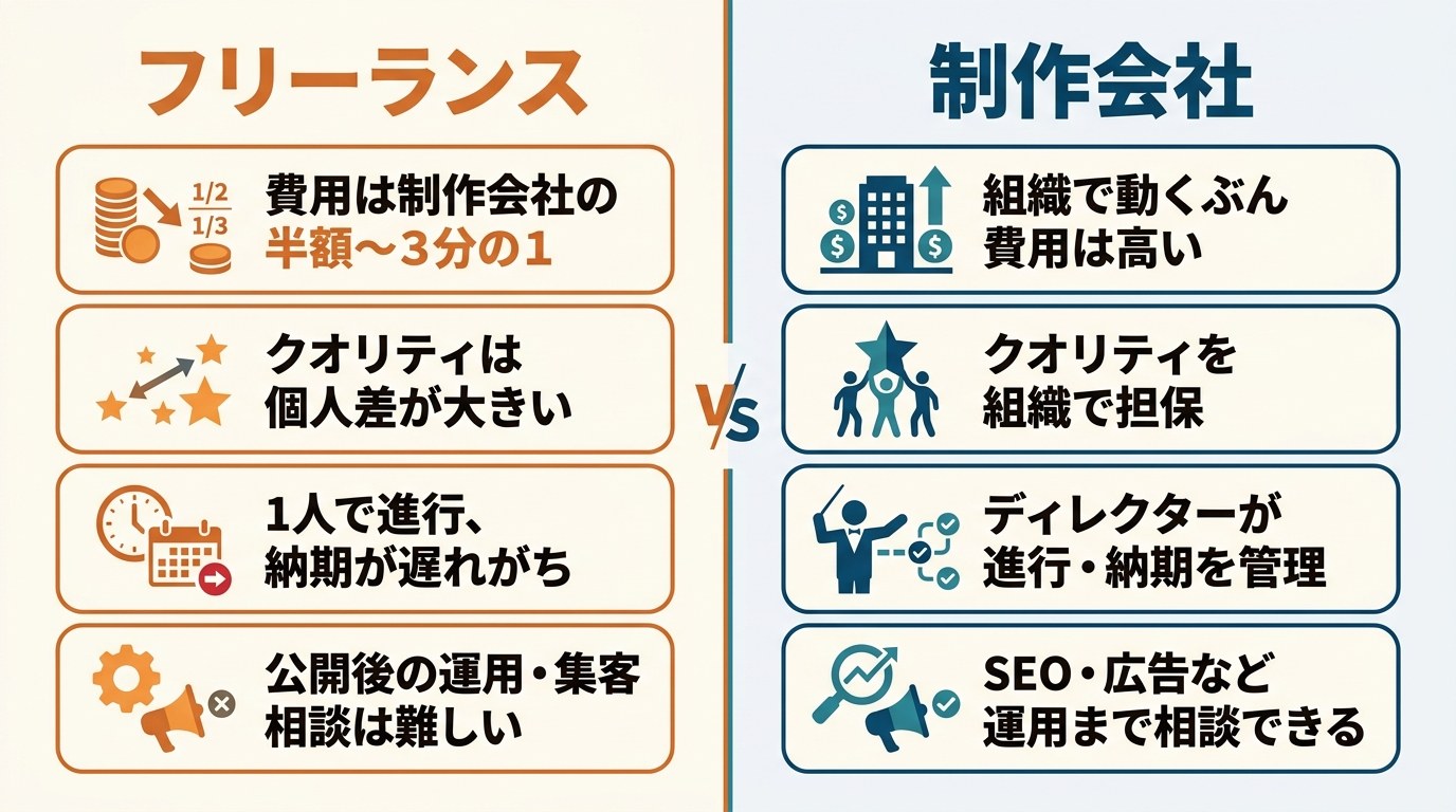 フリーランスと制作会社の違い比較：費用・クオリティ・進行管理・運用サポート