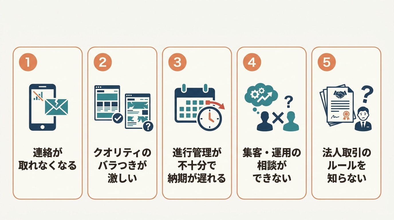 フリーランス発注で後悔する5つの理由：連絡が取れない・クオリティのバラつき・納期遅れ・運用相談不可・法人取引ルール未知