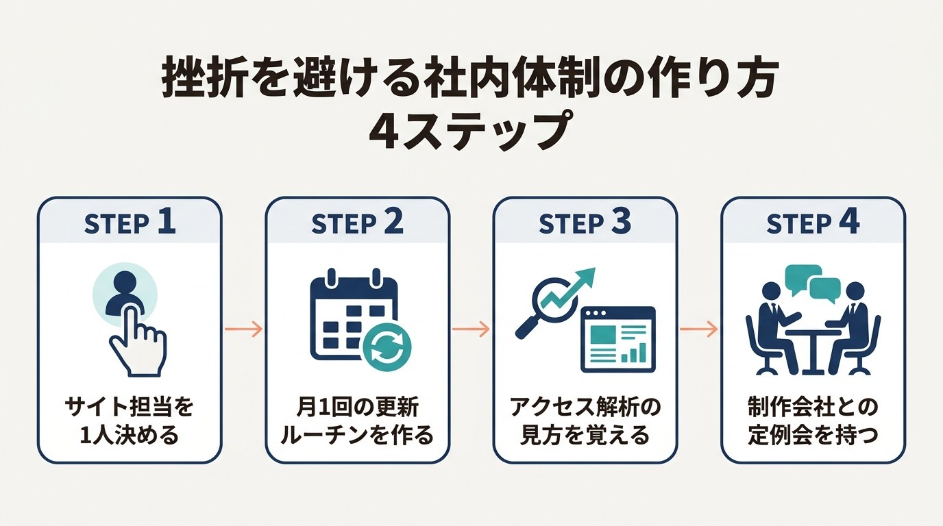 挫折を避ける社内体制の作り方4ステップ（サイト担当を1人決める・月1回の更新ルーチン・アクセス解析の見方・制作会社との定例会）