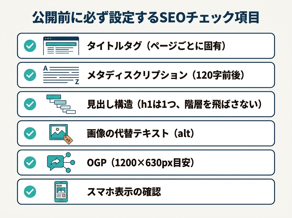 公開前に必ず設定するSEOチェック項目：タイトルタグ、メタディスクリプション、見出し構造、画像の代替テキスト、OGP、スマホ表示の確認