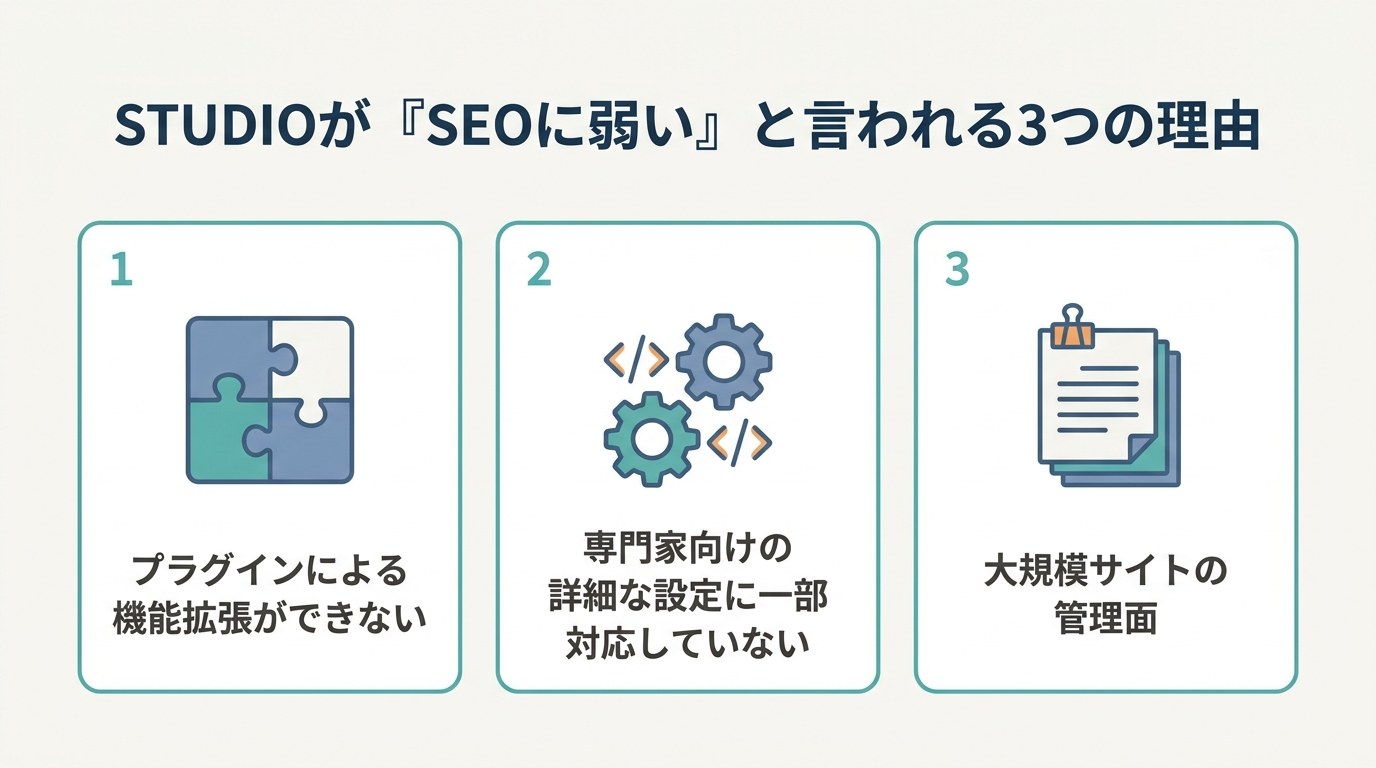 STUDIOがSEOに弱いと言われる3つの理由：プラグインによる機能拡張ができない、専門家向けの詳細な設定に一部対応していない、大規模サイトの管理面