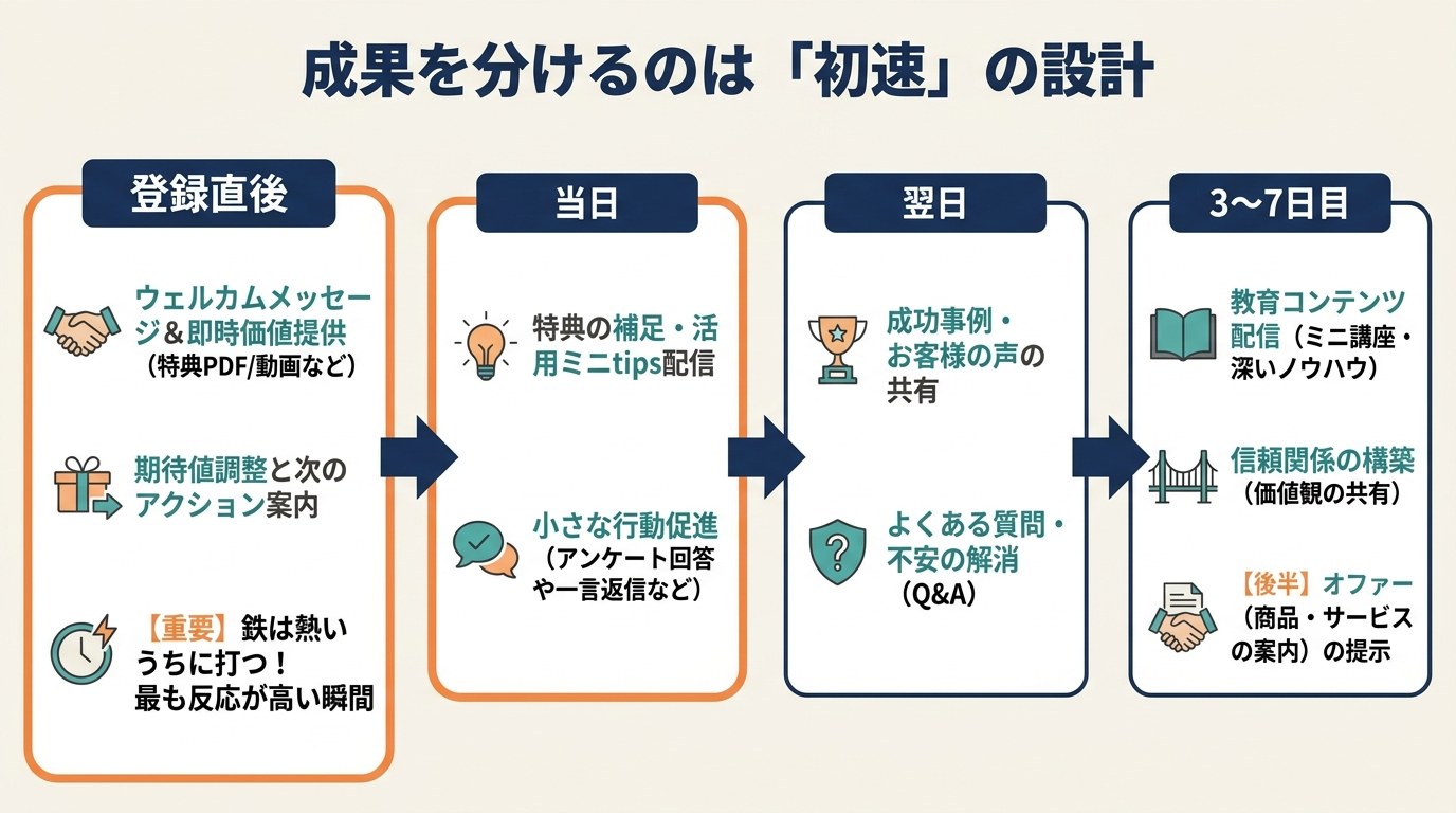 登録直後から3〜7日目までのフロントロード型シナリオ配信タイムライン