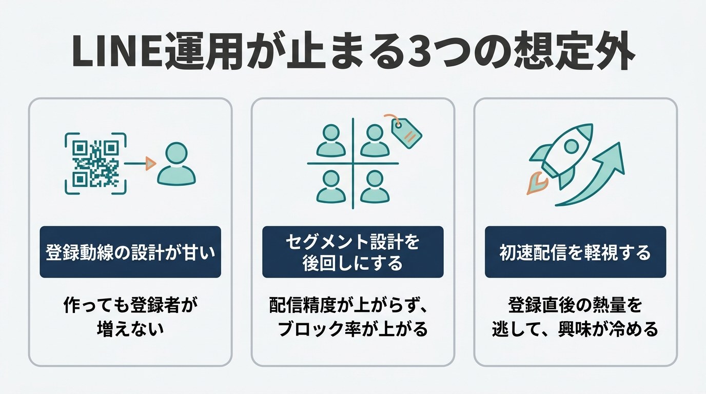 LINE運用が止まる3つの想定外：登録動線の設計が甘い、セグメント設計を後回しにする、初速配信を軽視する
