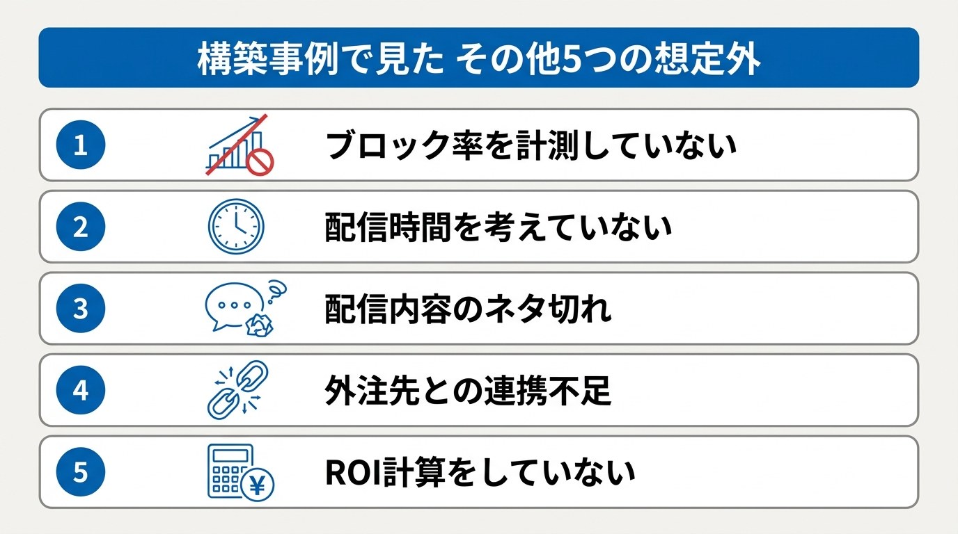 構築事例で見たその他5つの想定外：ブロック率未計測、配信時間、ネタ切れ、外注連携不足、ROI未計算