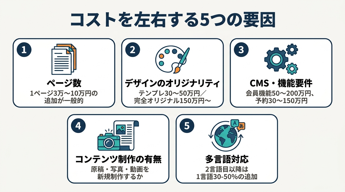 ページ数・デザイン・CMS機能・コンテンツ制作・多言語対応の5要因