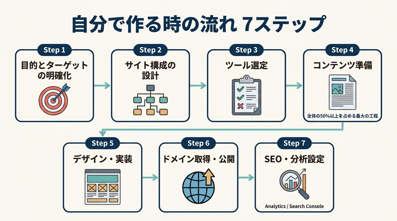 自分でホームページを作る時の流れ7ステップ（目的明確化・構成設計・ツール選定・コンテンツ準備・デザイン実装・ドメイン取得公開・SEO分析設定）