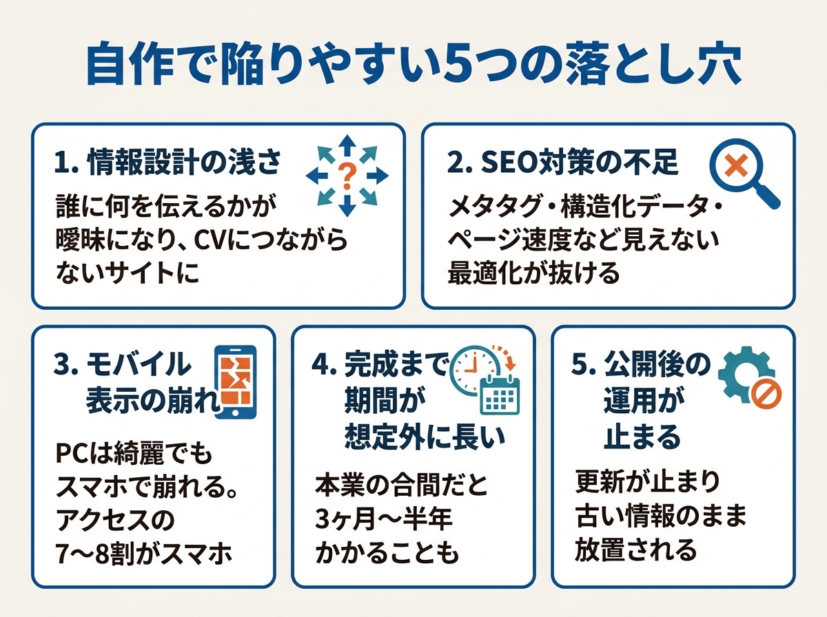 自作で陥りやすい5つの落とし穴（情報設計の浅さ・SEO対策の不足・モバイル表示の崩れ・完成期間が長い・公開後の運用が止まる）