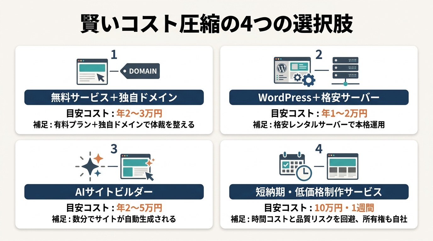賢いコスト圧縮の4つの選択肢（無料+独自ドメイン・WordPress+格安サーバー・AIサイトビルダー・短納期低価格制作）