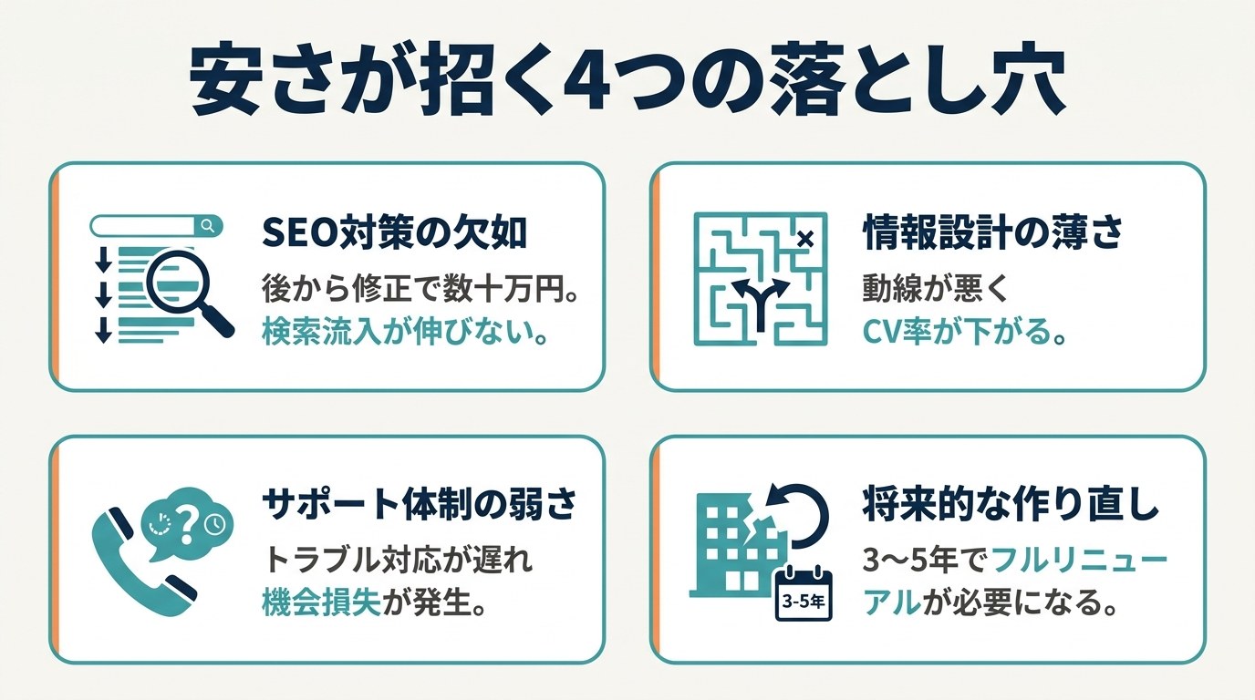 安さが招く4つの落とし穴（SEO対策の欠如・情報設計の薄さ・サポート体制の弱さ・将来的な作り直し）