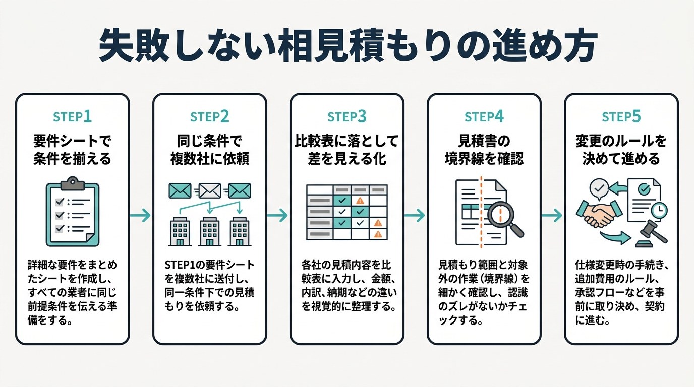 失敗しない相見積もりの進め方5ステップ（要件シートで条件を揃える→同じ条件で複数社に依頼→比較表で差を見える化→見積書の境界線を確認→変更のルールを決めて進める）