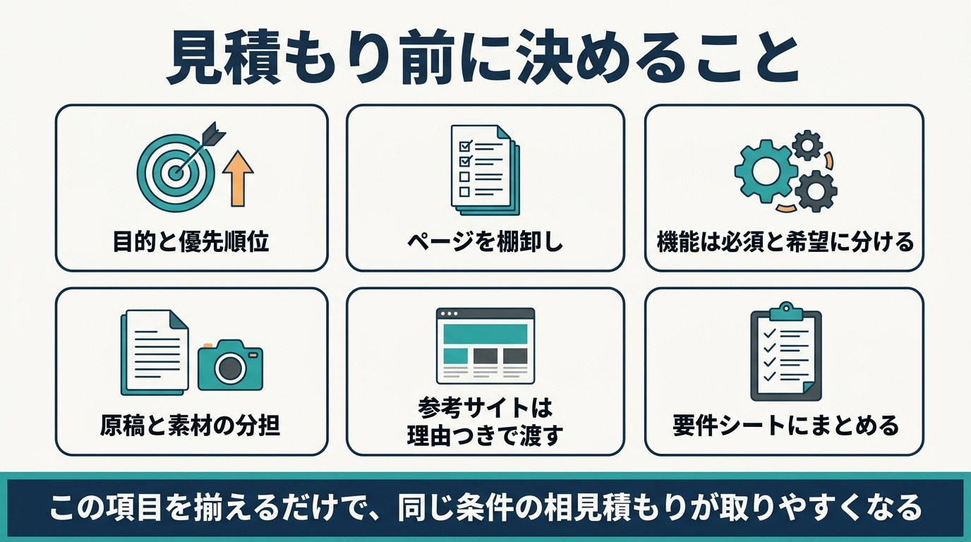 見積もり前に決めておく6項目（目的と優先順位、ページの棚卸し、機能の必須と希望、原稿と素材の分担、参考サイト、要件シート）