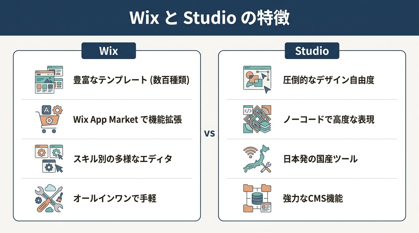 WixとStudioの特徴・強みの対比（テンプレート/App Market/デザイン自由度/CMSなど）