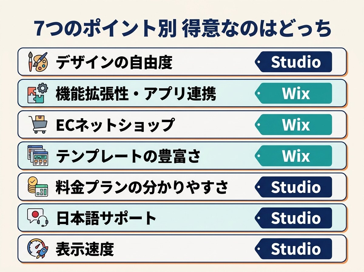 Wix vs Studio 7つの比較ポイント別に得意なツール（デザイン・機能拡張・EC・料金・サポート・表示速度）