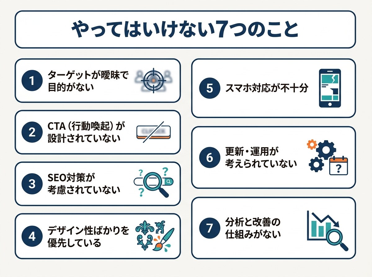 ホームページ制作でやってはいけない7つのこと(ターゲット・CTA・SEO・デザイン優先・スマホ対応・更新運用・分析改善)