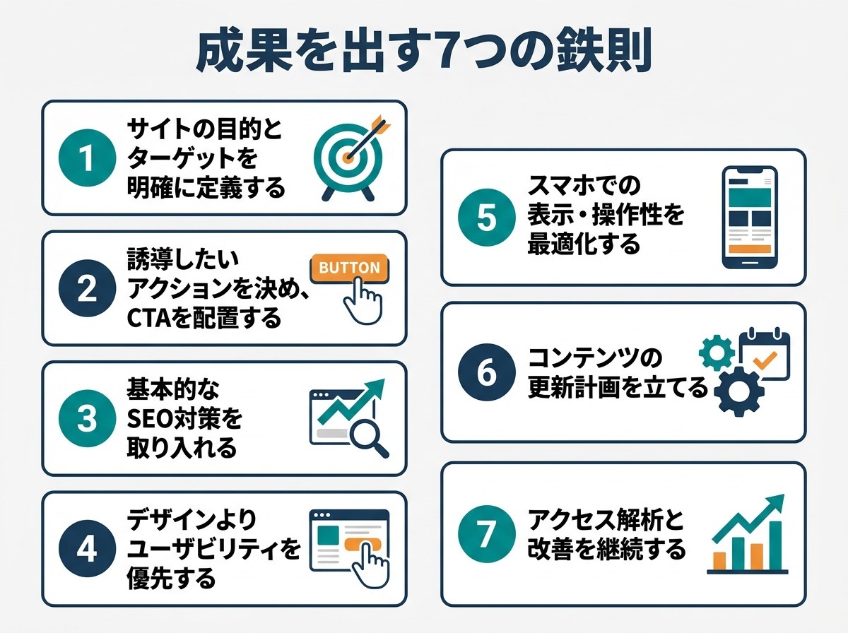 成果を出すホームページ制作の7つの鉄則(目的とターゲット・CTA配置・SEO・ユーザビリティ・スマホ最適化・更新計画・アクセス解析)