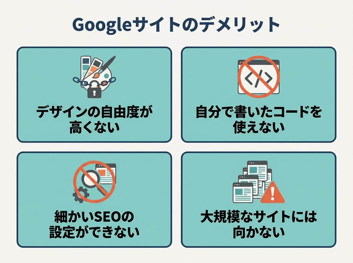 Googleサイトのデメリット4つ：デザインの自由度が高くない、自分で書いたコードを使えない、細かいSEOの設定ができない、大規模なサイトには向かない