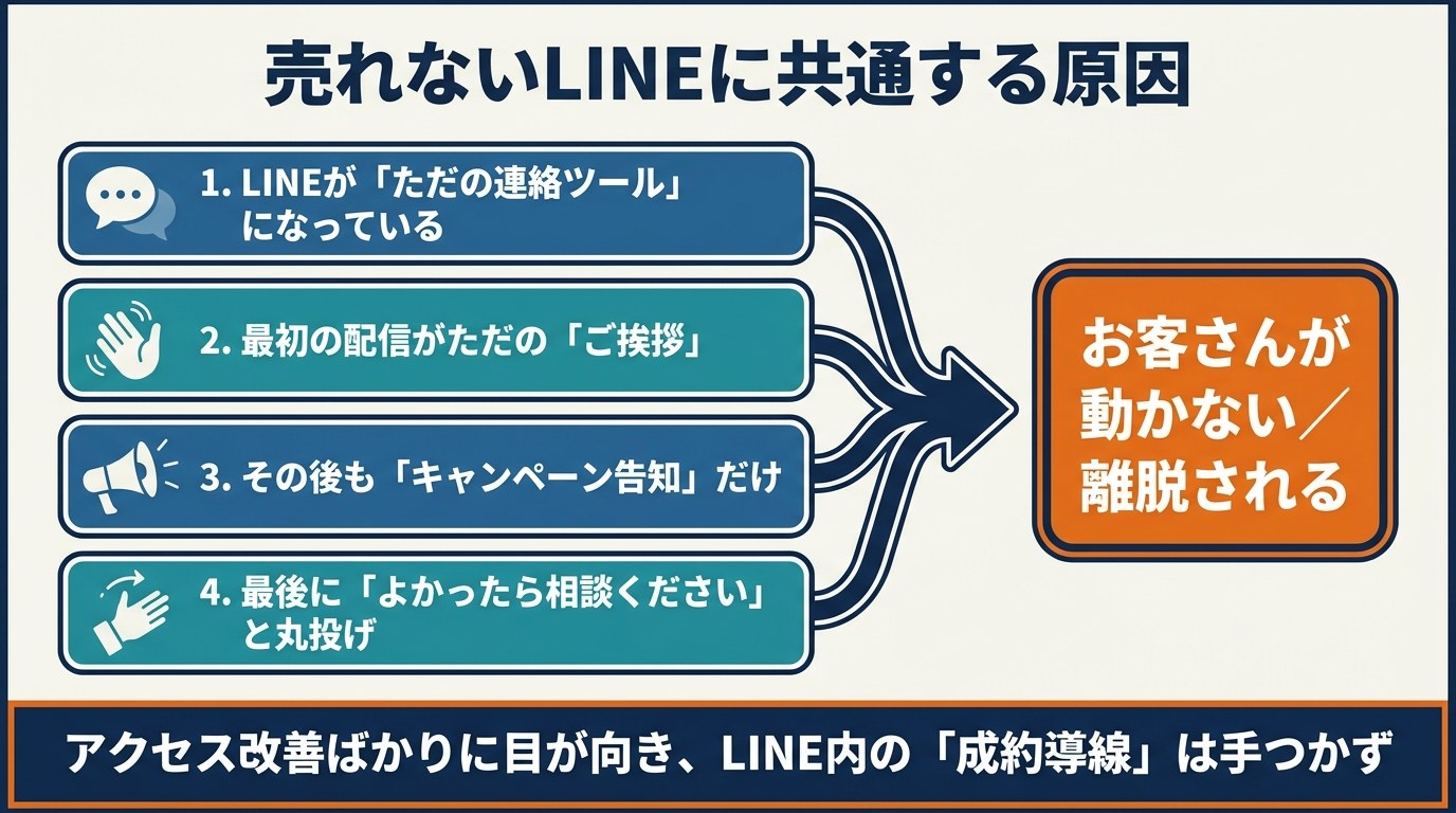 LINEが「ただの連絡ツール」になり売れる導線が存在しない4つの原因の図解