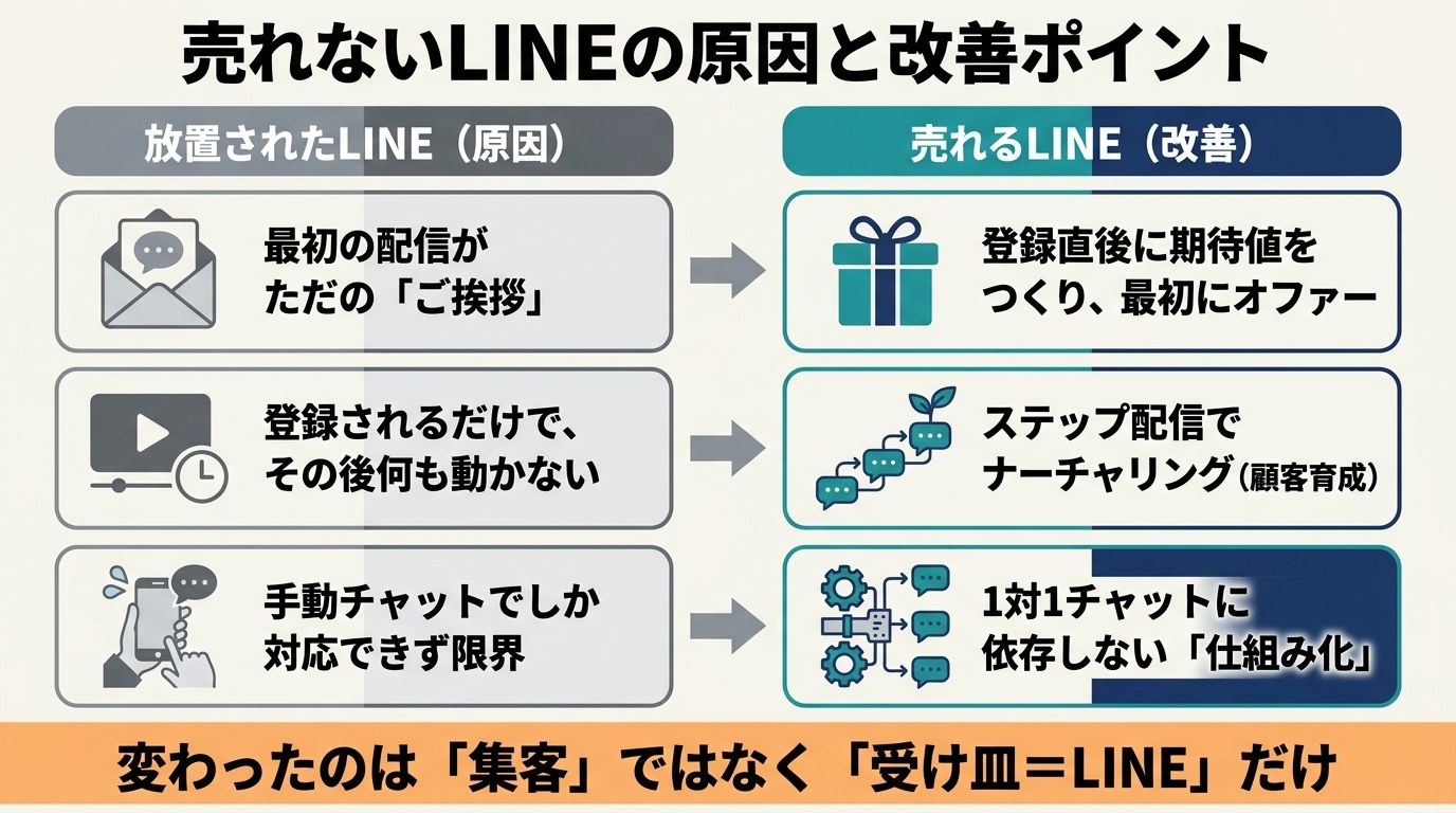 放置されたLINEの原因と売れるLINEへの改善ポイントを対応させたBefore/Afterの図解