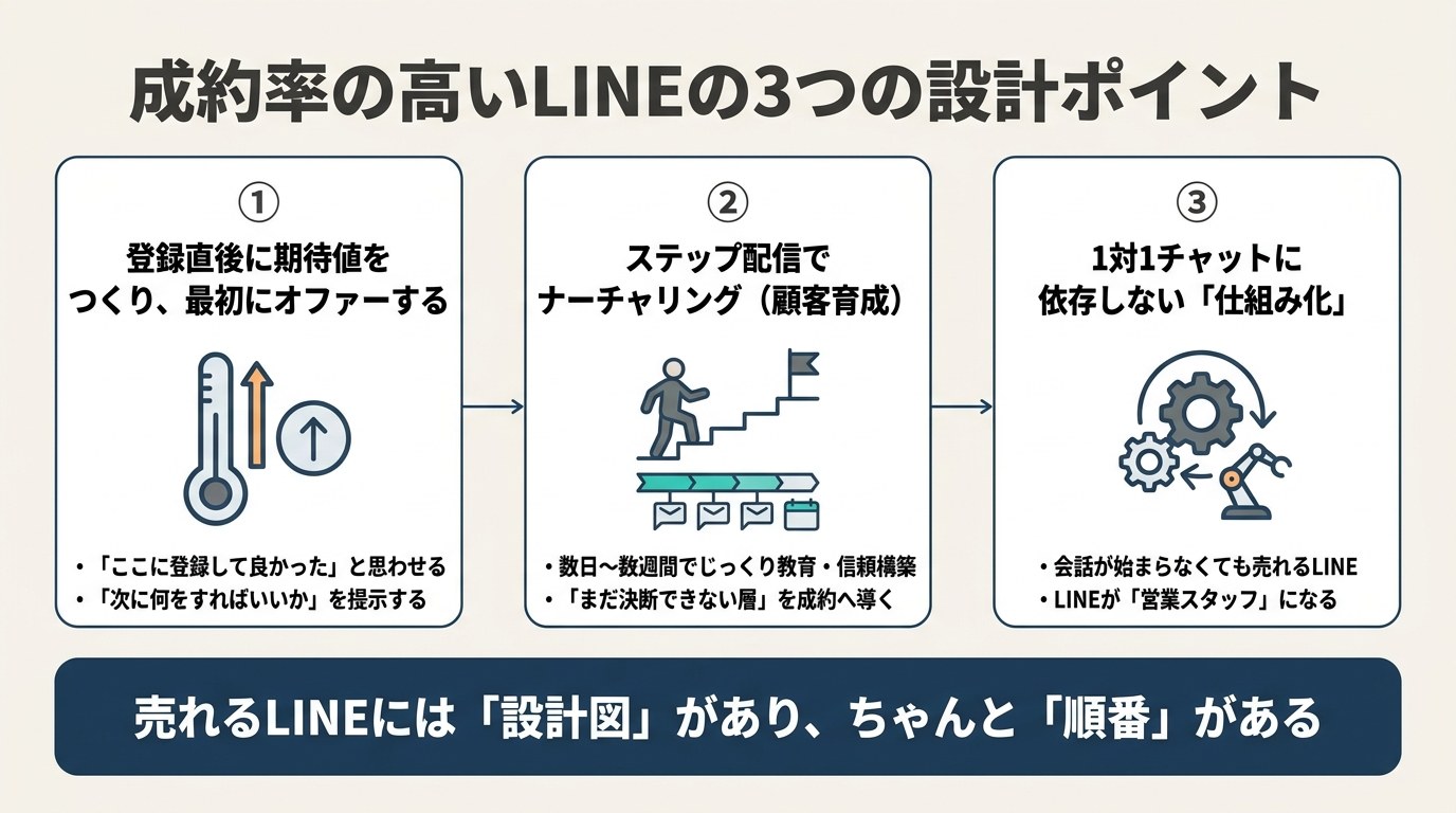 登録直後のオファー・ステップ配信でのナーチャリング・仕組み化という売れるLINEの3つの設計ポイントの図解