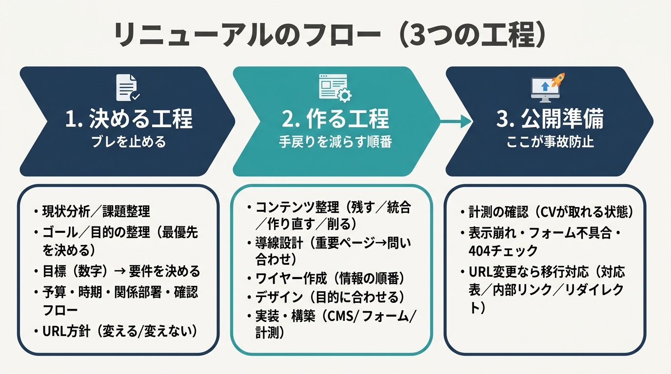 コーポレートサイトのリニューアルのフロー（1.決める工程 2.作る工程 3.公開準備の3つの工程）