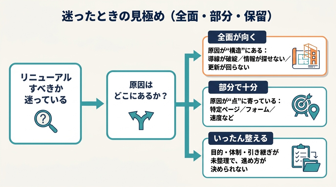 リニューアルで全面・部分・保留のどれを選ぶかの判断フロー（原因が構造なら全面、点なら部分、未整理ならいったん整える）