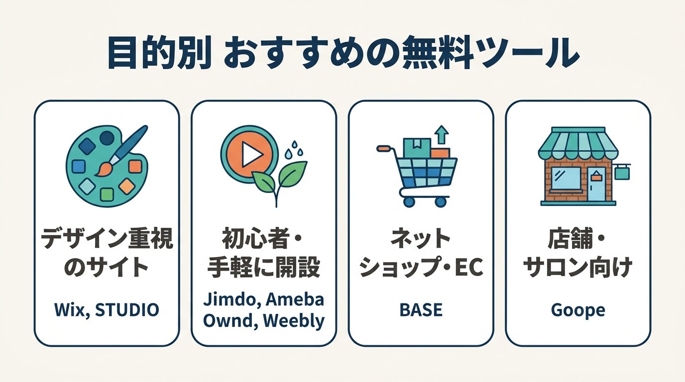 デザイン重視・初心者向け・EC・店舗向けで選ぶ無料ホームページ作成ツールの図解