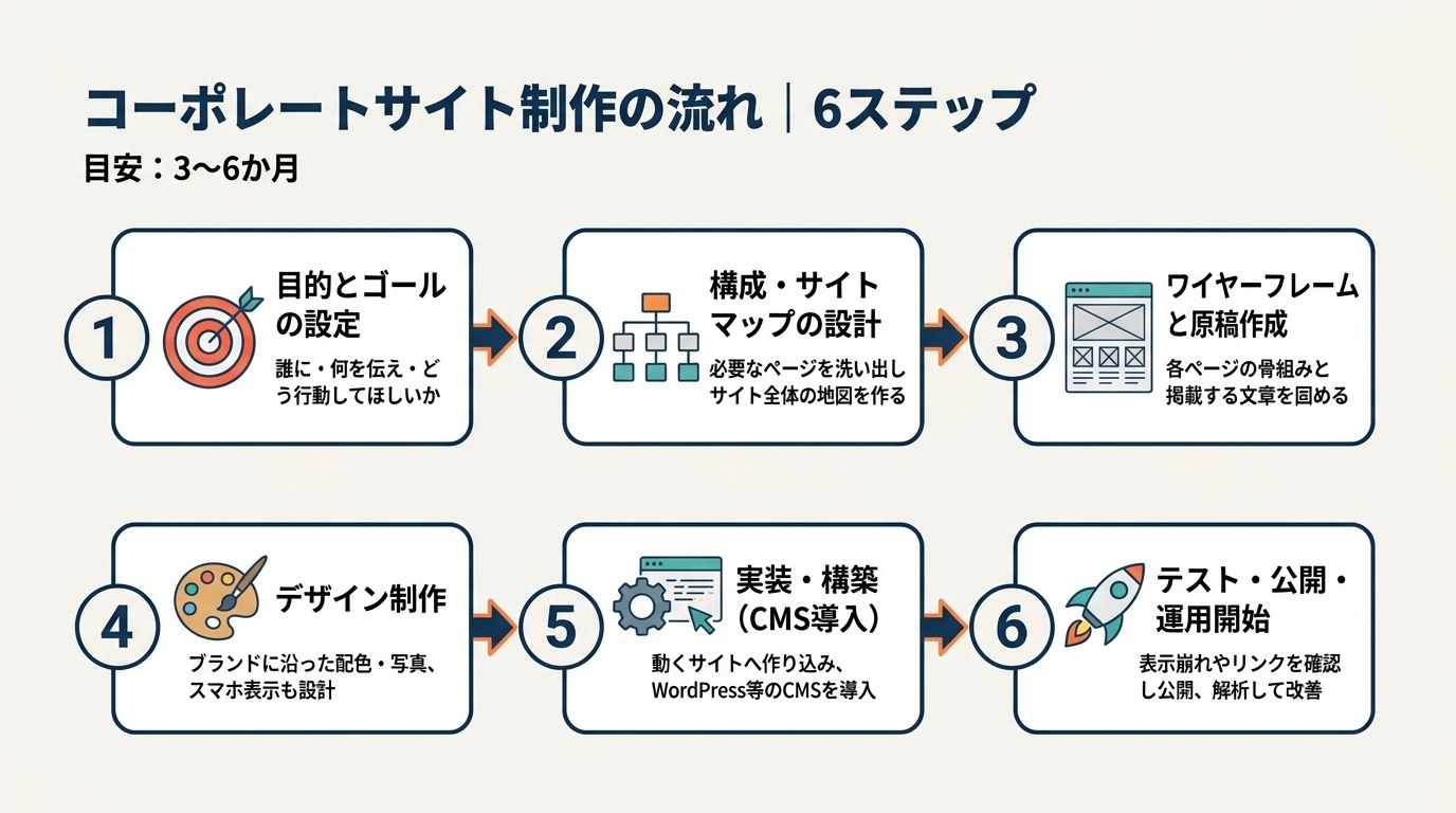 コーポレートサイト制作の流れ6ステップ。目的設定、サイトマップ設計、ワイヤーフレームと原稿、デザイン制作、実装・CMS導入、テスト・公開・運用開始