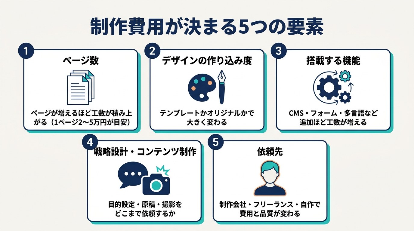 コーポレートサイトの制作費用が決まる5つの要素を整理した図
