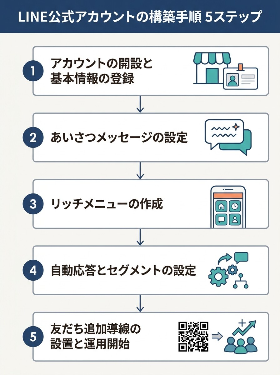 LINE公式アカウントの構築手順5ステップ。1アカウントの開設と基本情報の登録、2あいさつメッセージの設定、3リッチメニューの作成、4自動応答とセグメントの設定、5友だち追加導線の設置と運用開始