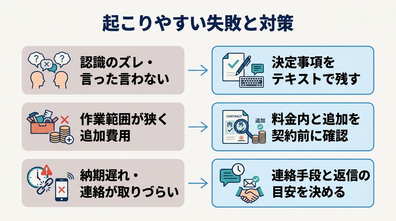 起こりやすい失敗と対策。認識のズレ・作業範囲と追加費用・納期遅れの3つの失敗と、それぞれの対策を対比した図解