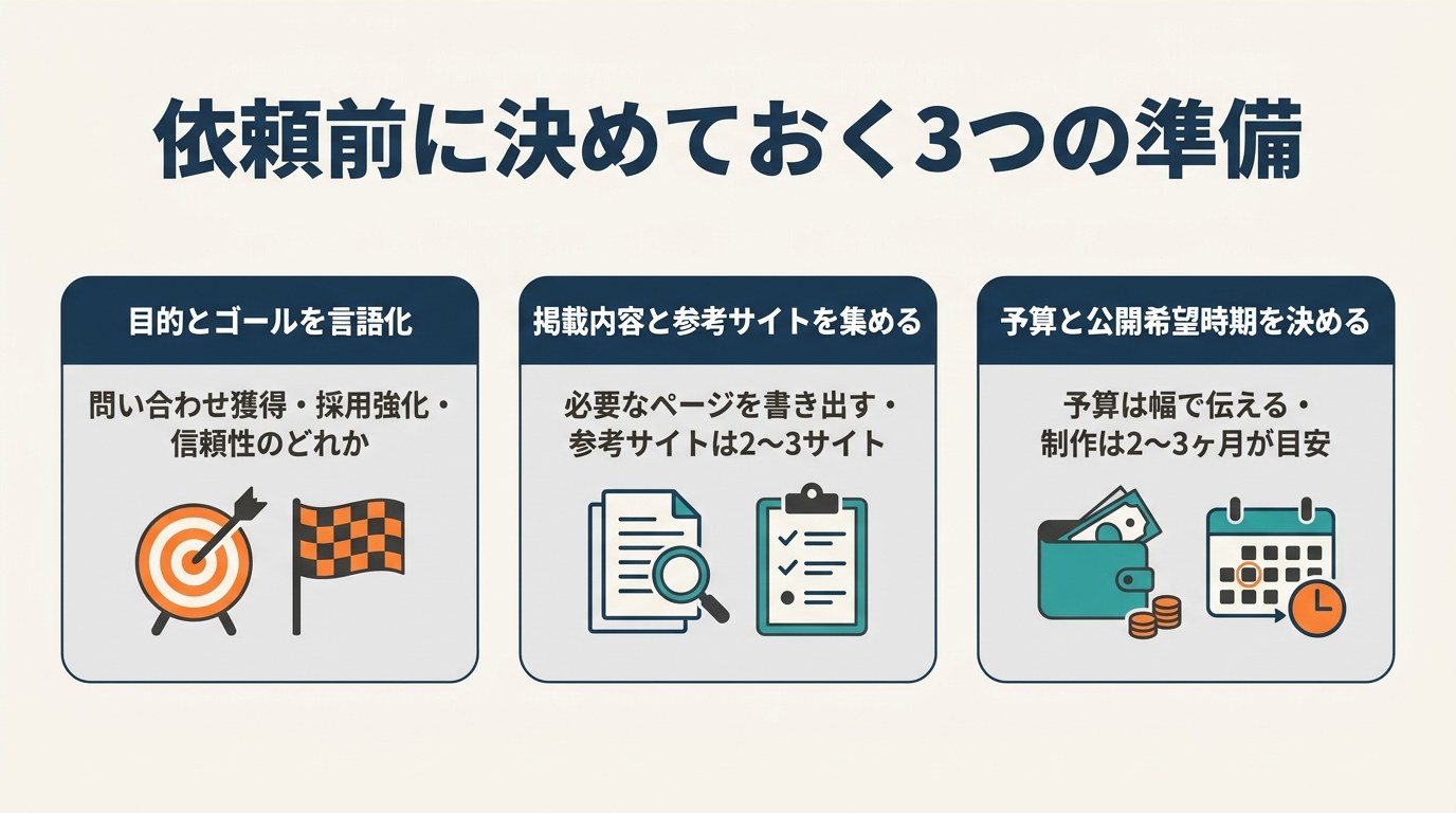 依頼前に決めておく3つの準備。目的とゴールの言語化、掲載内容と参考サイト集め、予算と公開希望時期の決定を並べた図解