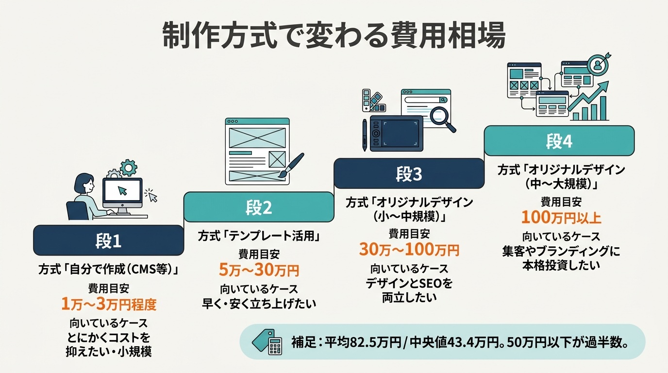 ホームページ制作の費用相場4段階（自分で作成・テンプレート・オリジナル小中規模・中大規模）