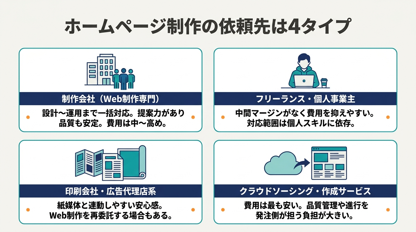 ホームページ制作の依頼先4タイプの比較図