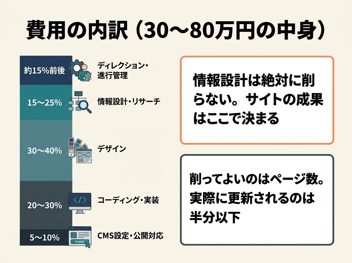 ホームページ制作費用を工程別の比率に分解した図