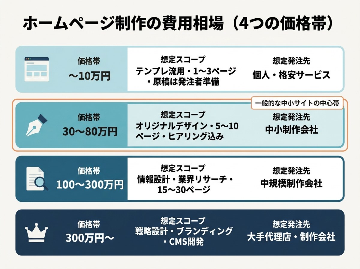 ホームページ制作の費用相場を4つの価格帯で示した図