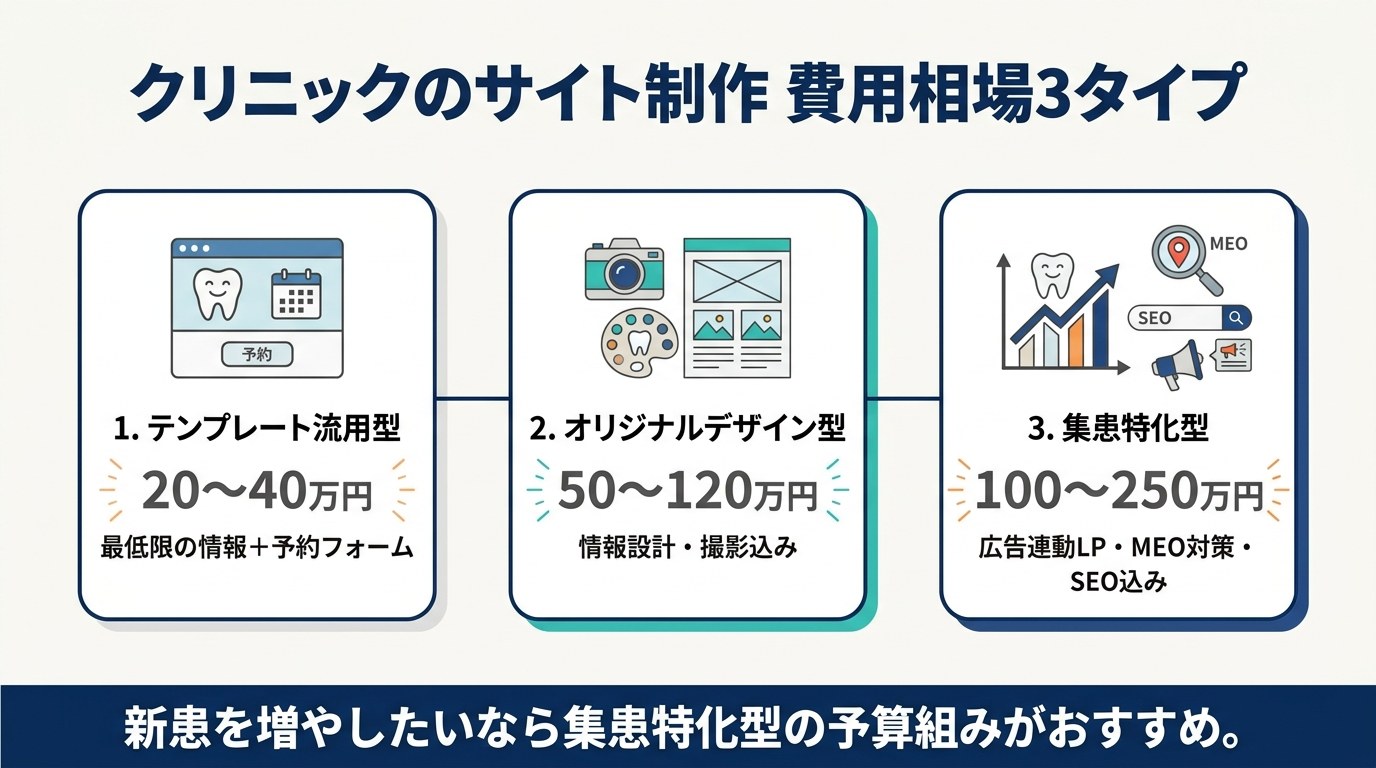 クリニックのサイト制作費用相場3タイプ