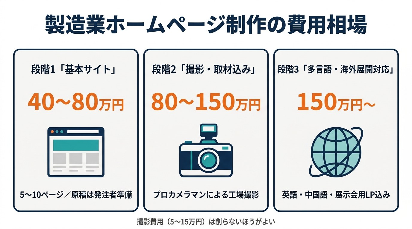 製造業ホームページ制作の費用相場：基本サイト40〜80万円・撮影込み80〜150万円・多言語150万円〜